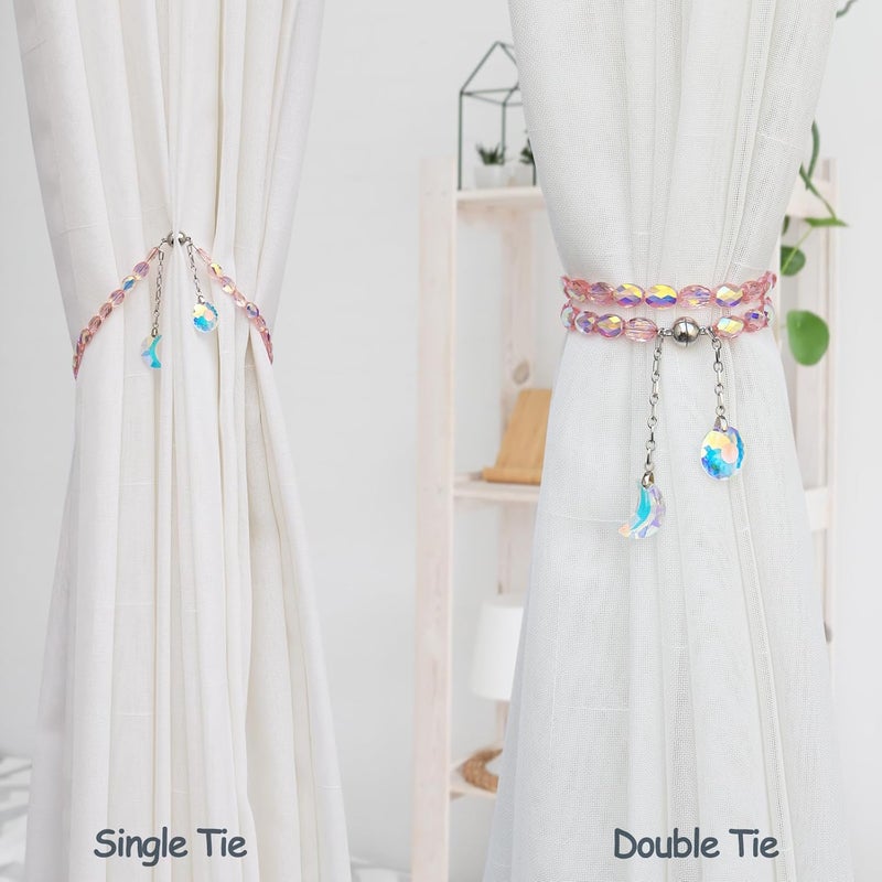 Pedobo Magnetic Curtain Tiebacks, 2 Pack Crystal Beaded Sun & Moon Pendants Sheers/Draperies Holdbacks for Window Home Office Decor (Pink) - Image 4
